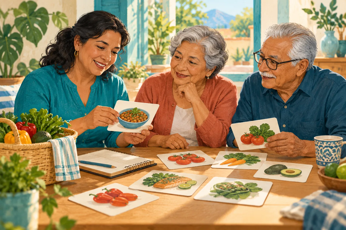Ilustración de personas adultas y mayores conversando con tarjetas de alimentos y una lista de compras