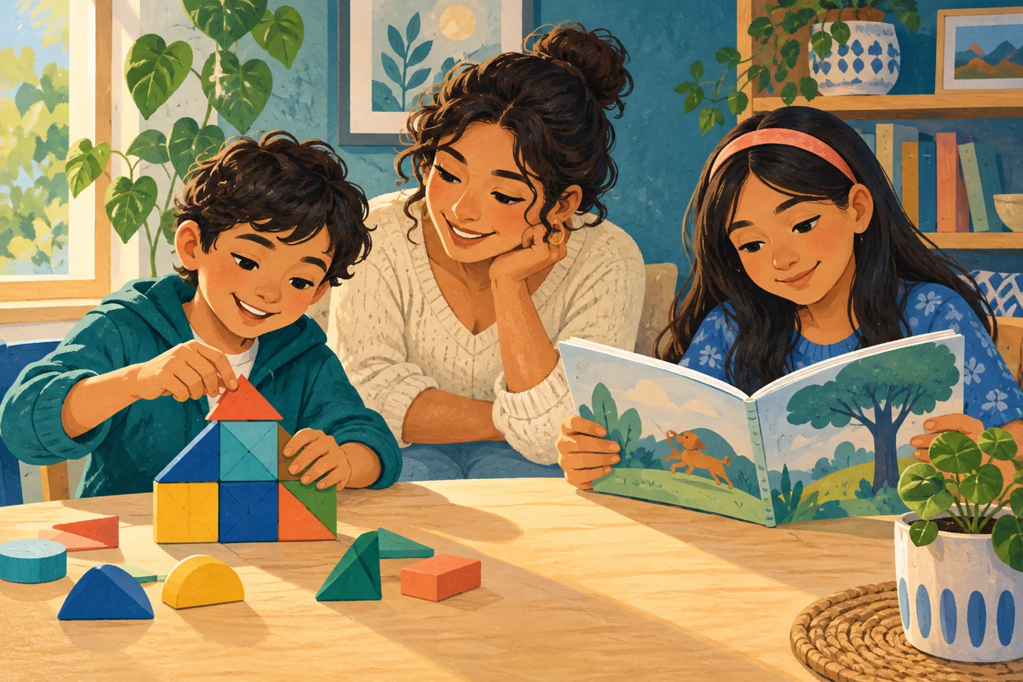 Ilustración de dos niños que leen y construyen con bloques junto a una adulta