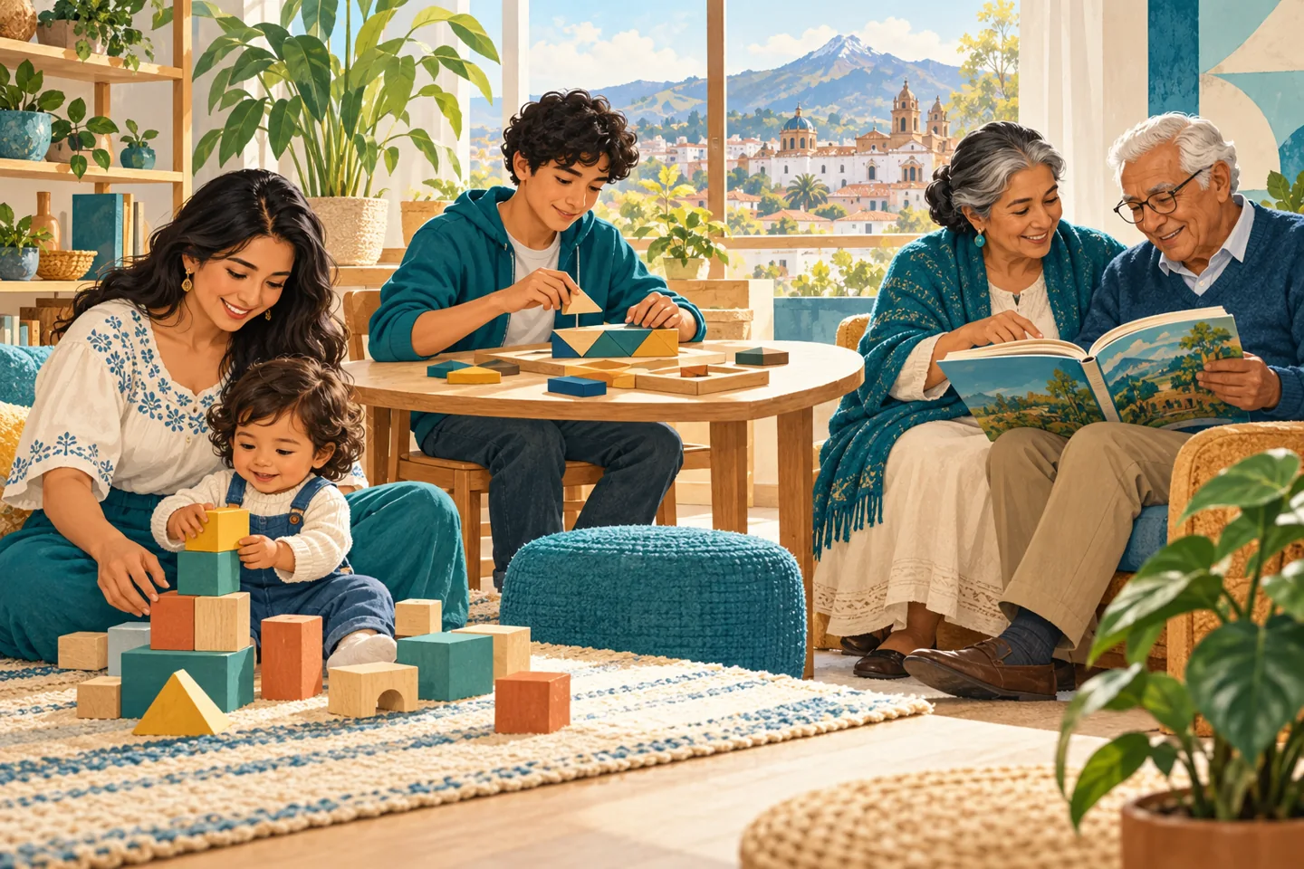 Familia de distintas generaciones compartiendo juegos y lectura